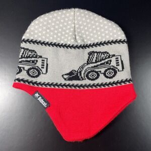 Youth Bobcat Excavator Knit Earflap Beanie Winter Hat Gray & Red OneSize